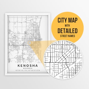 Kenosha, Wisconsin, USA Karte mit Strassennamen - Instant Download ~ Karte ~ ~ Stadt Karte ~ ~ Straßenkarte Print