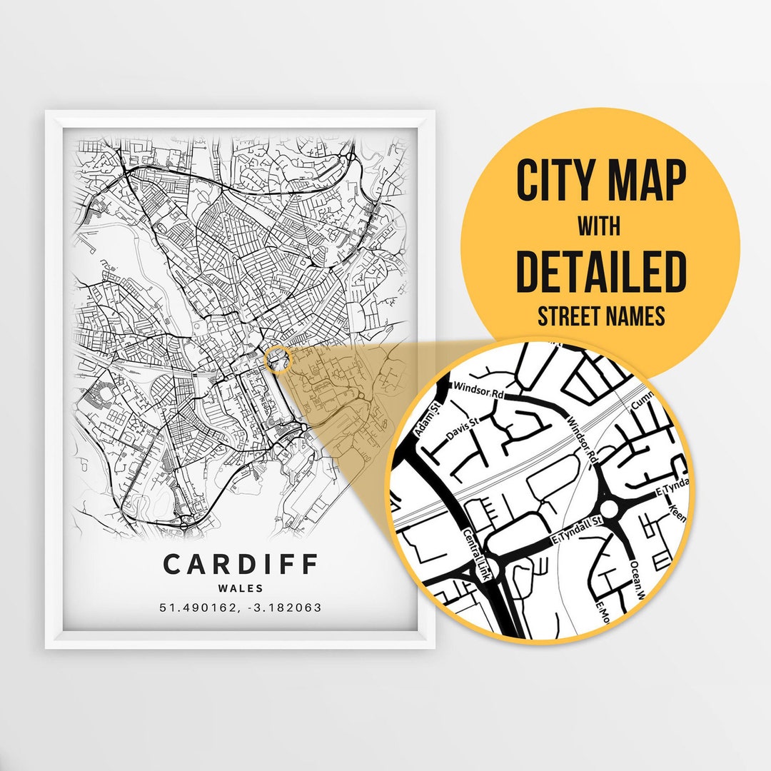 Printable Map of Cardiff, Wales, UK With Street Names Instant