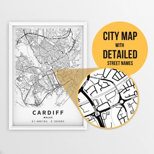 Druckbare Karte von Cardiff, Wales, UK mit Straßennamen - Sofort Download \ City Map \ Travel Gift \ City Poster \ Road Map Print \ Wall Art