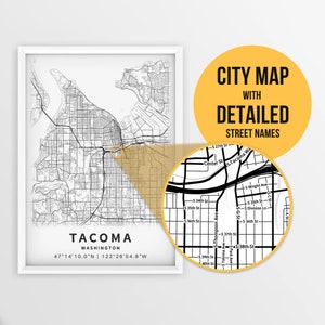 Afdrukbare kaart van Tacoma, Washington, VS met straatnamen - Instant Download \ Stadsplattegrond \ Reiscadeau \ Stadsposter \ Routekaart afdrukken