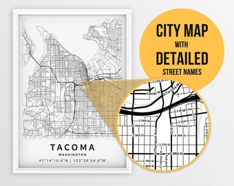 Printable Map of Tacoma, Washington, USA with Street Names - Instant Download \ City Map \ Travel Gift \ City Poster \ Road Map Print