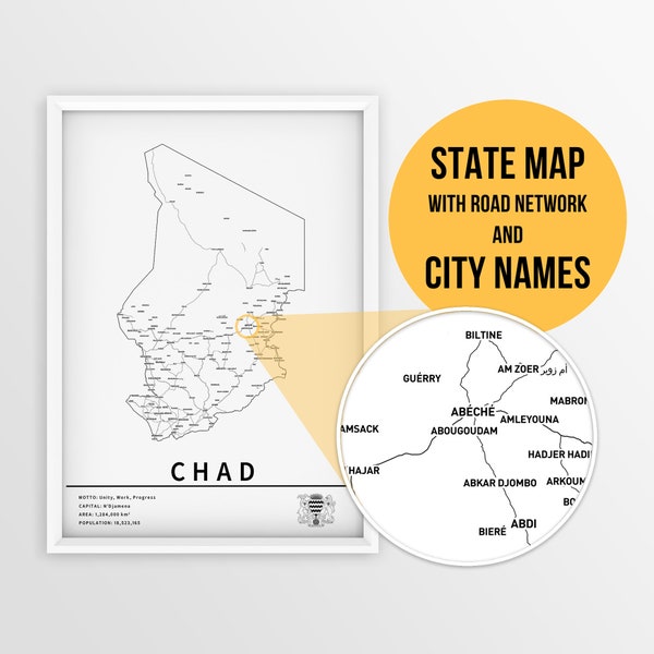 Printable Map of Chad with city names and roads - Instant Download \ Country Map \ Map Art \ Push Pin Map \ Travel Planner \ N'Djamena map