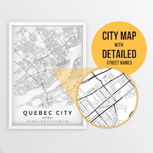 Wydrukowana mapa miasta Quebec, Quebec, Kanada z nazwami ulic - natychmiastowe pobranie \ Mapa miasta \ Prezent podróżny \ Plakat miejski \ Wydruk mapy drogowej