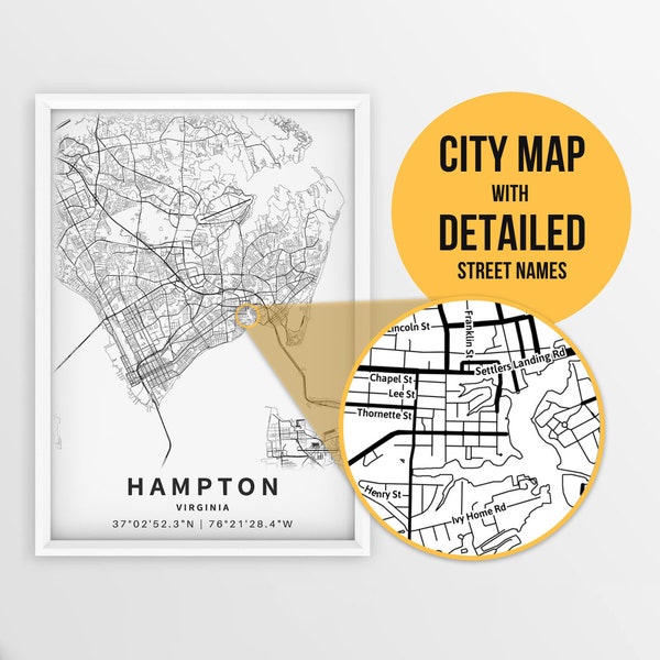 Printable Map of Hampton, Virginia, USA with Street Names - Instant Download \ City Map \ Travel Gift \ City Poster \ Road Map Print