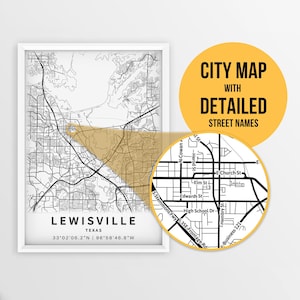 Druckbare Karte von Lewisville, Texas, USA mit Straßennamen - Sofort Download \ City Map \ Travel Gift \ City Poster \ Road Map Print