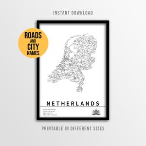 Netherlands Map Poster, Nederland Printable Country Road Map with City Names (Instant Download)