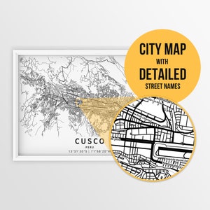 Mapa imprimível de Cusco, Peru com nomes de ruas - Download instantâneo \ Mapa da cidade \ Presente de viagem \ Cartaz da cidade \ Impressão de mapa de estradas \ Arte do Peru