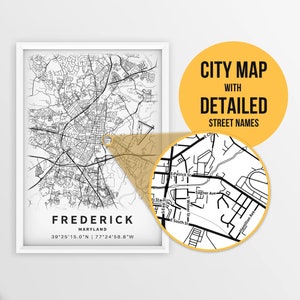 Printable Map of Frederick, Maryland, USA with Street Names - Instant Download \ City Map \ Travel Gift \ City Poster \ Road Map Print