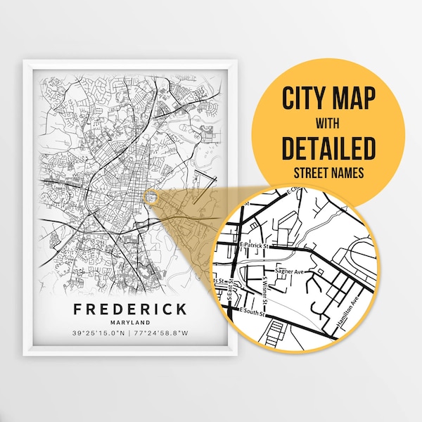 Printable Map of Frederick, Maryland, USA with Street Names - Instant Download \ City Map \ Travel Gift \ City Poster \ Road Map Print