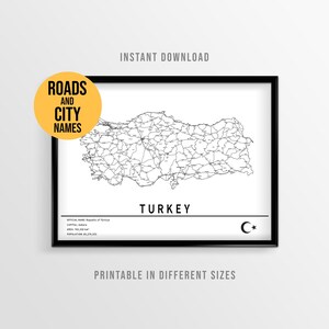 Turkey Country Map Poster, Printable Road Map with City Names (Instant Download)