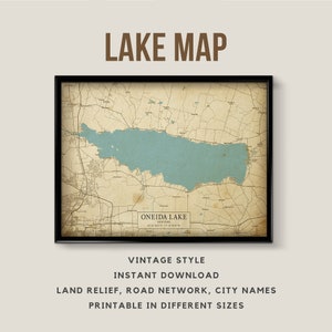 Vintage Stil Karte von Oneida Lake, New York, USA mit Stadtnamen - Sofort Download \ Lake Map \ Wall Art \ Lake House \ Map Poster