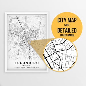 Druckbare Karte von Escondido, Kalifornien, USA mit Straßennamen - Sofort Download \ City Map \ Travel Gift \ City Poster \ Road Map Print