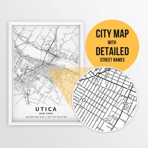 Carte imprimable d'Utique, New York, États-Unis avec les noms de rue - téléchargement immédiat \ plan de la ville \ cadeau de voyage \ affiche de la ville \ impression de carte \ affiche de carte