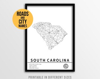 Südcarolina Karte Poster, druckbare USA Straßenkarte mit Stadtnamen (Instant Download)