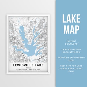 Mapa imprimible del lago Lewisville, Texas - Descarga instantánea \ Mapa del lago \ Decoración de la casa del lago \ LakeLife \ Pesca \ Paseos en bote \ Cartel del lago
