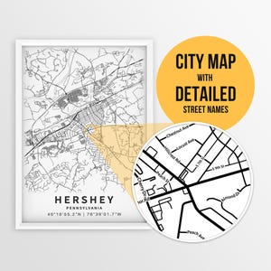 Puede incluir: Un mapa de la ciudad de Hershey, Pensilvania, en blanco y negro, con nombres de calles detallados. El mapa incluye las coordenadas 40°16'55.2"N 76°39'01.7"W.