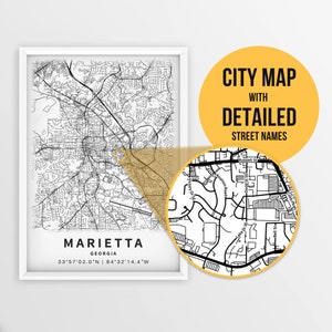 May include: A black and white city map of Marietta, Georgia with detailed street names. The map shows the city's layout with roads, streets, and landmarks. The city's coordinates are listed below the city name.