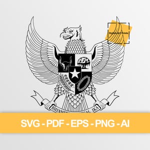 Puede incluir: Un gráfico digital en blanco y negro del emblema Garuda Pancasila que presenta un escudo central con cinco símbolos, incluyendo una cabeza de toro, un árbol baniano, una estrella, arroz y algodón, y una cadena, con el texto Stylish Art Prints y SVG-PDF-EPS-PNG-AI.