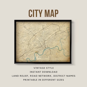 Mapa de estilo vintage imprimible de Knoxville, Tennessee, EE. UU. - Descarga instantánea \ Mapa de calles \ Arte de la pared \ Cartel del mapa \ Estilo antiguo \ Impresión de mapas