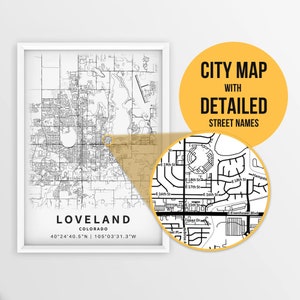Carte imprimable de Loveland, Colorado, États-Unis avec noms de rues - Téléchargement instantané \ Plan de la ville \ Cadeau de voyage \ Affiche de la ville \ Impression de la carte routière