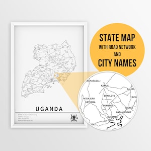 Carte imprimable de l'Ouganda avec les noms des villes et des routes - téléchargement immédiat \ carte du pays \ art de la carte \ carte à épingles \ planificateur de voyage \ cadeau Ouganda
