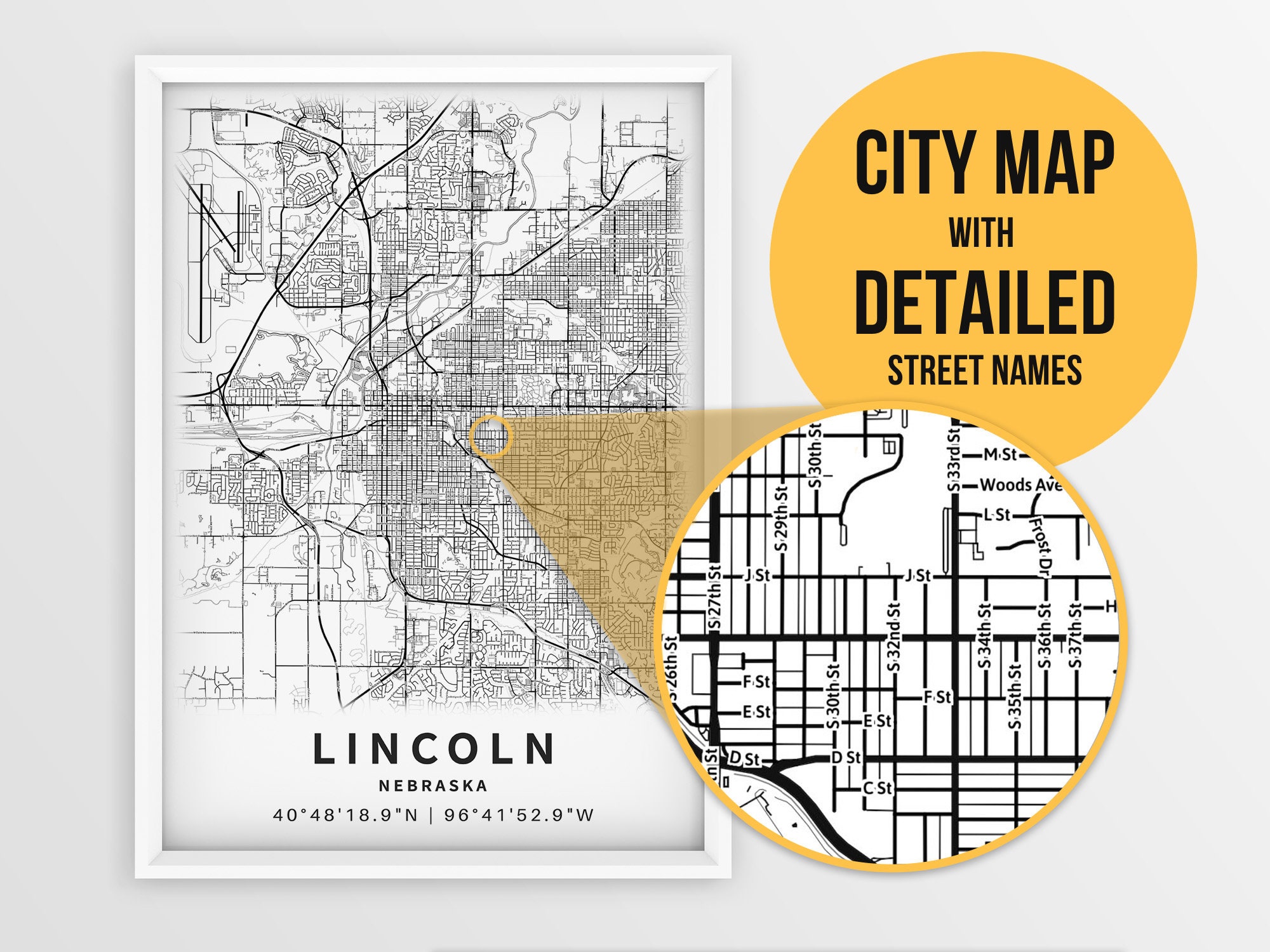 Printable Map of Lincoln Nebraska NE United States with Etsy