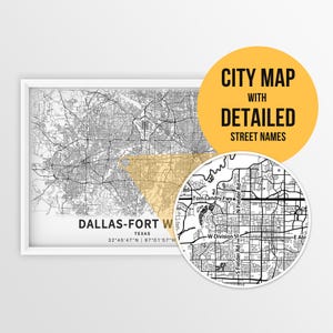 Druckbare Karte von Dallas–Fort Worth, Texas, USA mit Straßennamen - zum sofort Herunterladen - Sofort Download - Karte ~ Poster ~ Strassenkarte