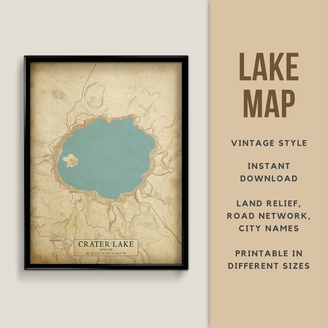 Printable Vintage Style Map of Crater Lake, Oregon, United States ...