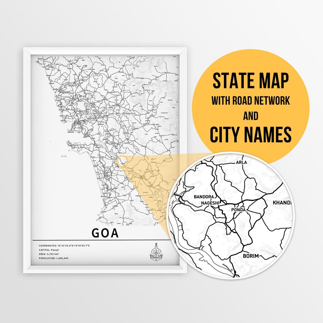 Mapa imprimible de Goa, India, con nombres de ciudades y carreteras ...