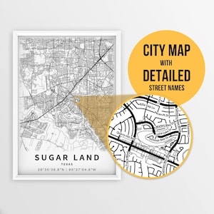 Carte imprimable de Sugar Land, Texas, États-Unis avec les noms de rue - téléchargement immédiat \ plan de la ville \ cadeau de voyage \ affiche de la ville \ impression de carte routière