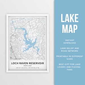 Mapa imprimible del embalse de Loch Raven, Maryland, EE. UU. - Descarga instantánea \ Mapa del lago \ Cartel del mapa \ Decoración de la casa del lago \ Pesca \ Paseos en bote