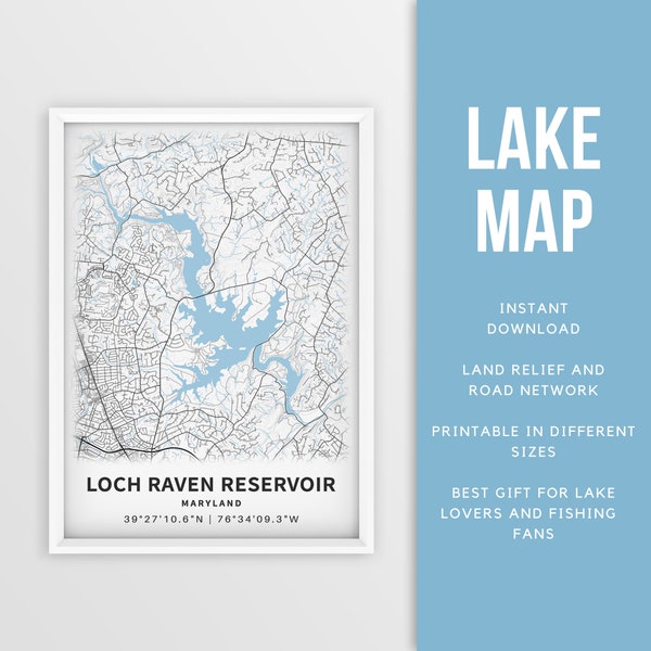 Printable Map of Loch Raven Reservoir, Maryland, US - Instant Download \ Lake Map \ Map Poster \ Lake House Decor \ Fishing \ Boating
