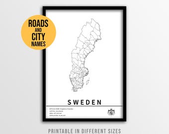 Póster de mapa de Suecia, mapa de carreteras sueco imprimible con nombres de ciudades (descarga instantánea)