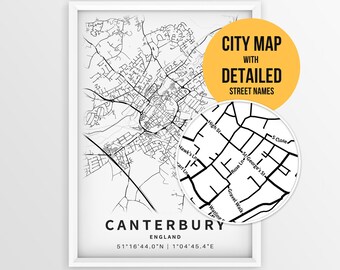 カンタベリー、ケントの地図 - イラスト入りアートプリント - 都市