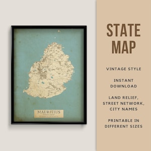 Mauritius Map Printable Vintage Style poster - Instant Download, Road Map, Mauritius Poster, Mauritius Antique map, Mauritius Port Louis