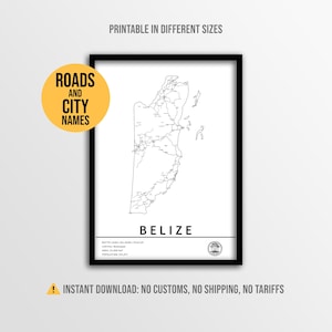 Póster del mapa de Belice, mapa de carreteras de Belice imprimible con nombres de ciudades (descarga instantánea)