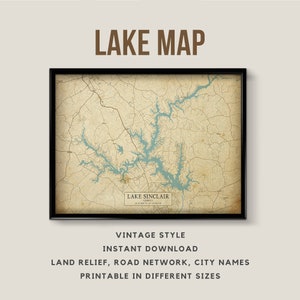 Vintage Style Map of Lake Sinclair, Georgia, USA with City names - Instant Download \ Lake Map \ Wall Art \ Lake House \ Printable Poster