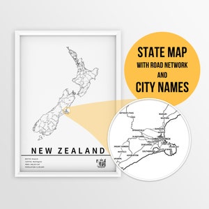 Neuseeland Karte mit Städtenamen und Straßen - sofort download auf Ihren Landkarten