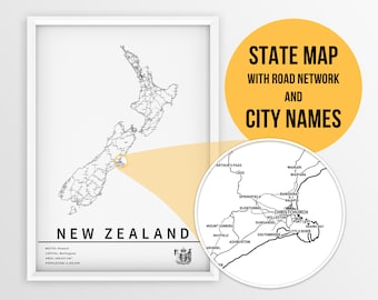 Printable Map of New Zealand with city names and roads - Instant Download \ Country Map \ Map Art \ Push Pin Map \ Travel Planner \ Wall Art