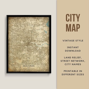 Druckbare Karte im Vintage-Stil von Houston, Texas, USA - Sofortiger Download \ Straßenkarte \ Kartenposter \ Antiker Stil \ Kartendruck \ Wandkunst
