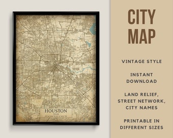 Druckbare Karte im Vintage-Stil von Houston, Texas, USA - Sofortiger Download \ Straßenkarte \ Kartenposter \ Antiker Stil \ Kartendruck \ Wandkunst