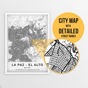 Printable Map of La Paz, El Alto, Bolivia with Street Names - Instant Download \ City Map \ Travel Gift \ City Poster \ Road Map Print