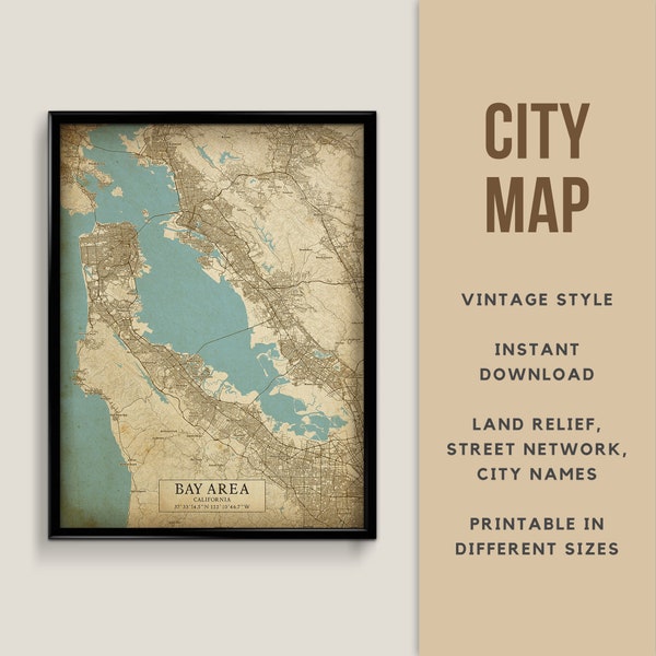 Printable Vintage Style Map of Bay Area, California USA - Instant Download \ Street Map \ Map Poster \ Antique \ Map Print \ San Francisco