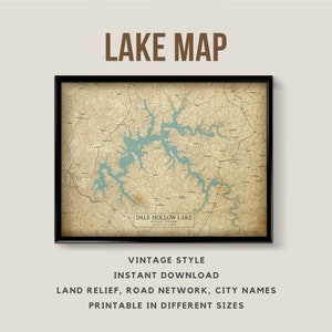 Mappa stampabile in stile vintage di Dale Hollow Lake, Tennessee con nomi di città - Download istantaneo \ Antico \ Rustico \ Vecchio stile \ Lake House