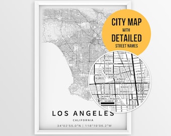 Los Angeles California Map with Street Names, Printable Los Angeles City Poster (Instant Download)