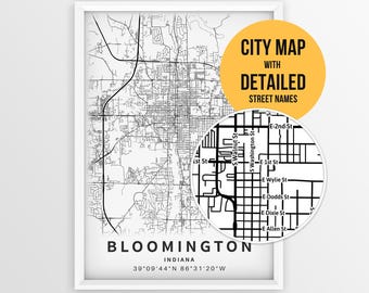 Bloomington Indiana Map with Street Names, Printable Bloomington City Poster (Instant Download)