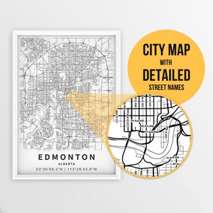 Druckbare Karte von Edmonton, Alberta, Kanada mit Straßennamen - Sofort Download \ City Map \ Travel Gift \ City Poster \ Road Map Print