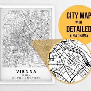 Printable Poster Map of Vienna Austria with Street Names - Instant Download \ City Map \ Map Art \ Travel Poster \ Map Print