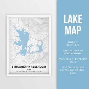Afdrukbare kaart van Strawberry Reservoir, Utah, VS - Instant Download \ Lake Map \ Map Poster \ Lake House Decor \ LakeLife \ Fishing \ Varen