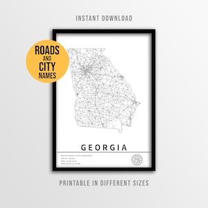Georgia Map Poster, Printable USA Road Map with City names (Instant Download)
